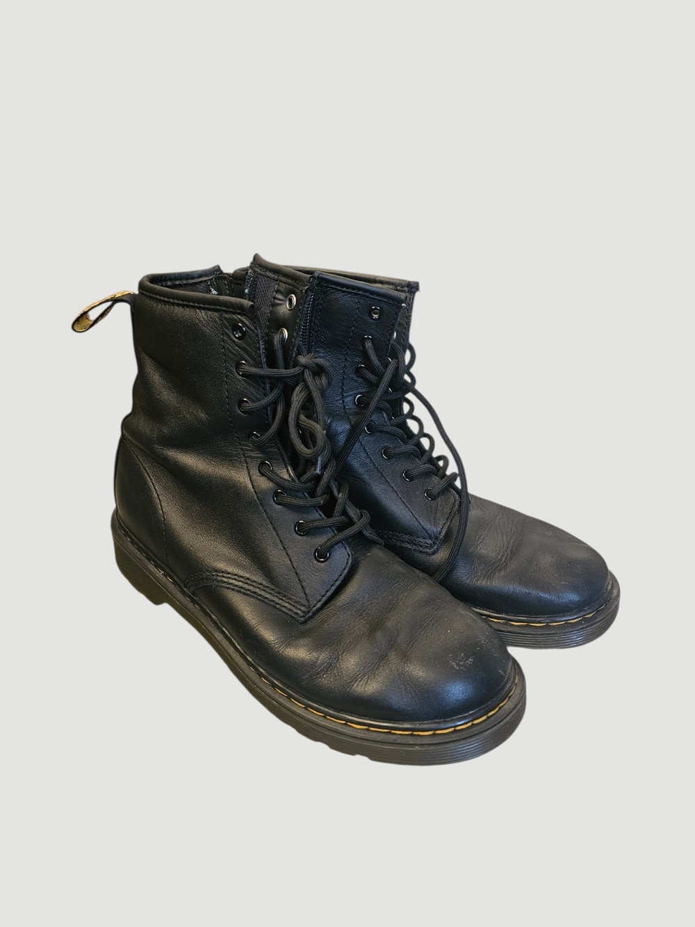 Dr. Martens Black Leather Ankle Boots with Yellow Heel Loop